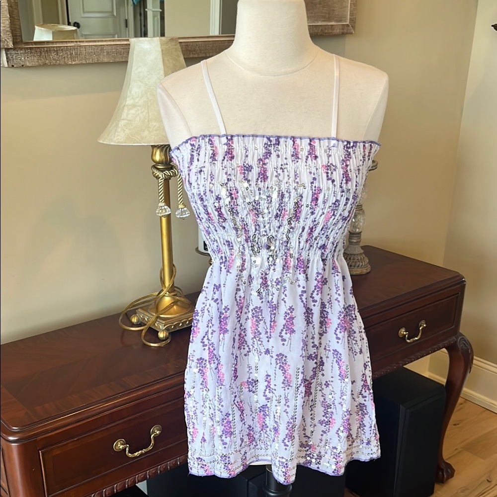 Smocked White Purple Floral Sequined Spaghetti Strap Top fits Women XS Small